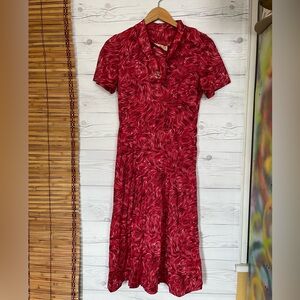 Vtg 50s 60s Casualmaker By Sy Frankl Swirl Day Midi Dress Red Pink Small